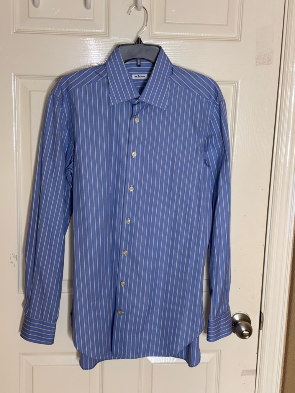 KITON 100% COTTON ITALIAN MADE DRESS SHIRT 16 1/2x33 LT BLUE & WHITE STRIPES - Picture 10 of 10